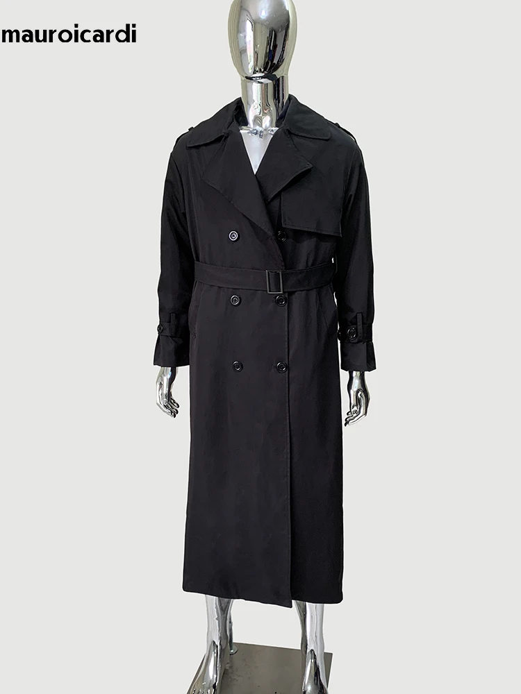 Mauroicardi Spring Autumn Long Black Hard Waterproof Trench Coat for Women Belt Double Breasted Loose  Casual Luxury Overcoat