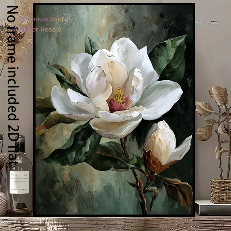 2D Flat, 1pc Vertical Frameless White Magnolia Flower Canvas Painting - Minimalist Suitable for Rooms Modern Botanical, Sprin