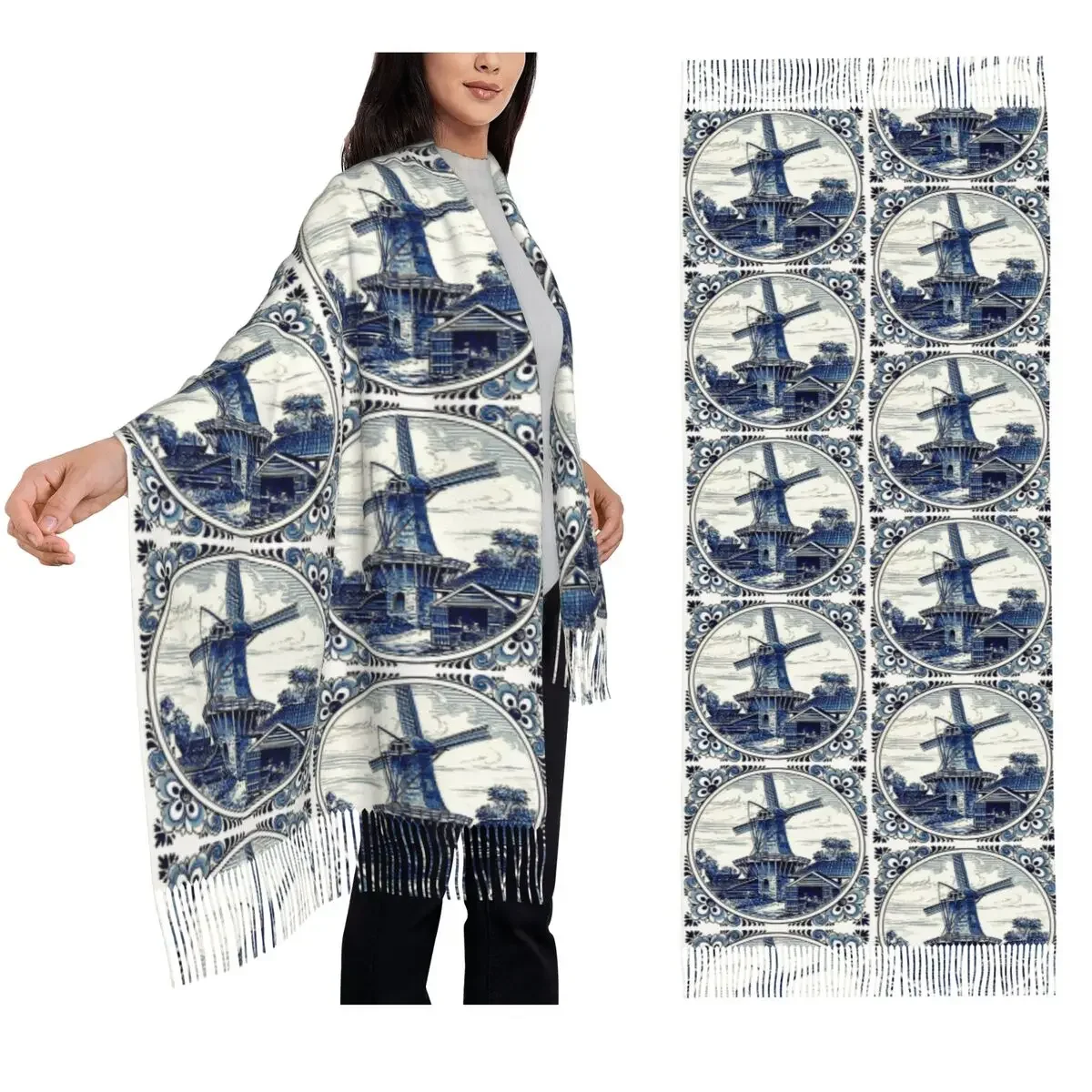 

Голландский синий дельф, винтажный шарф с принтом ветряной мельницы, шарфы с кисточками, женские мягкие теплые шали и накидки, большая осенне-зимняя шаль