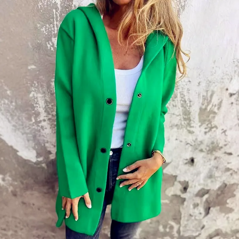 Otoño Invierno Amazon moda de manga larga chaqueta sólida mujer abrigo botón gorra suéter