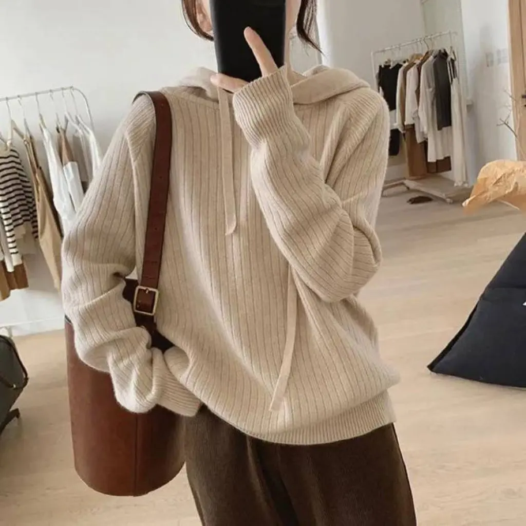 

Korean Style Women's Hooded Knitwear Casual Pure Color Lazy Style Autumn Winter Outerwear Top for Ladies