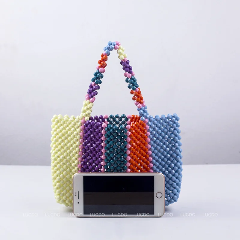 Summer Beach Bags Fashion Pearls Bag Beading Large Totes Bag Women Party Handbag Luxury Brand Rainbow Handbag