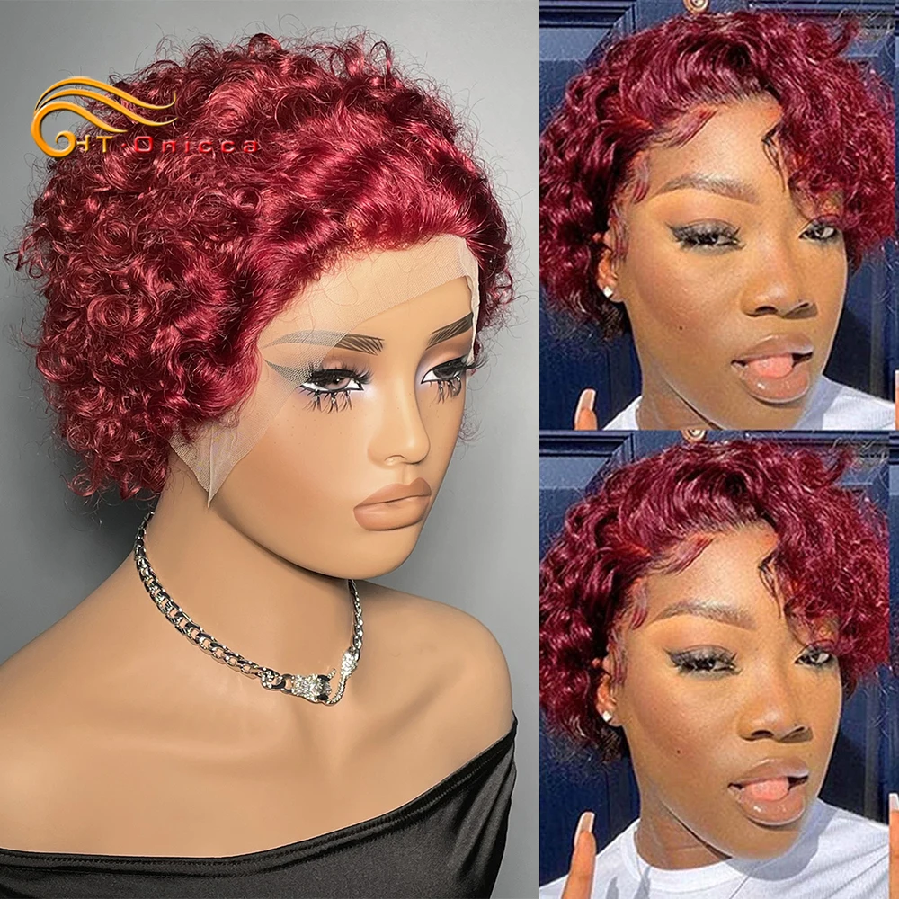 Pixie Cut Wig Human Hair Colored Lace Wig Spring curl Short Bob Human Hair Wig For Women 13x1 Transparent Lace Wigs