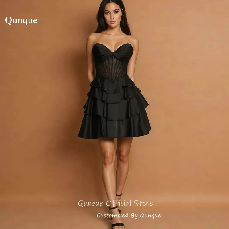 Qunque Illusion Black Short Prom Dresses A Line Tiered Homecoming Dresses Flirty Sweetheart Cocktail Party Gowns Customized