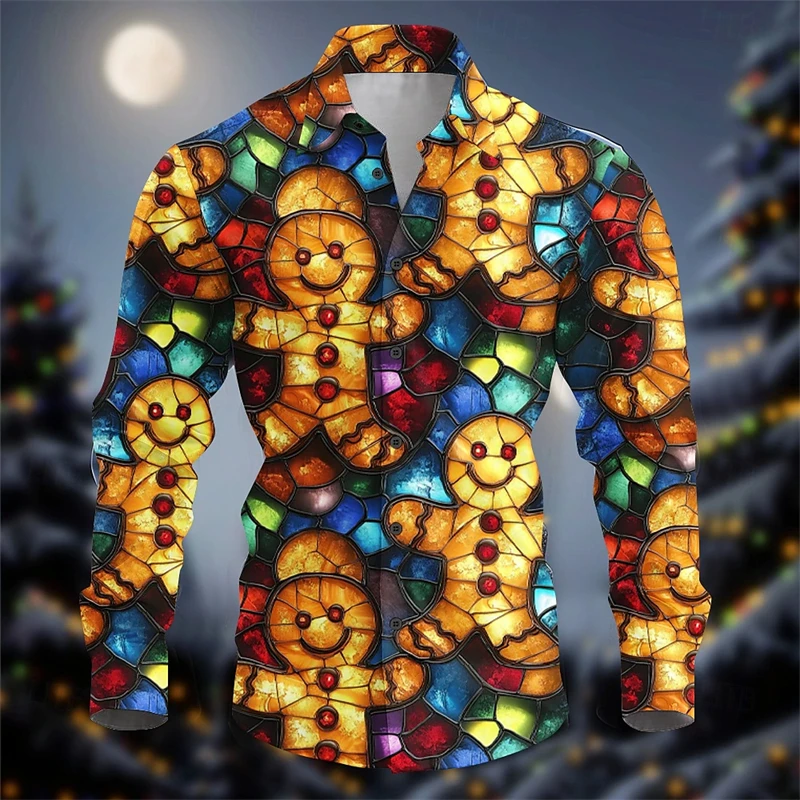 Ginger Bread Printed Shirts Men Christmas Clothing Long Sleeve Button Shirt Cute Gingerbread Food Pattern Festival Trend Blouse