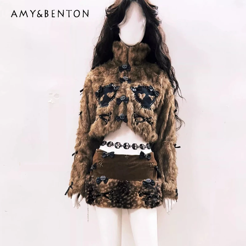 

Vintage Design Brown Plush Women's Sets 2025 Autumn Winter New Sweet Cool Bow Warm Coat Short Skirts Hot Girl Two-Piece Set Girl