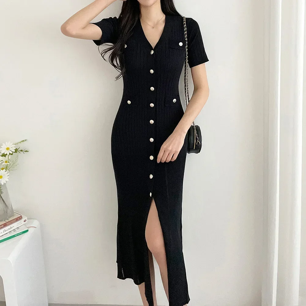 

Womens Knitted Dress Summer 2024 New Slim Fit Midi V-neck Black Sweater Casual Dress for Women