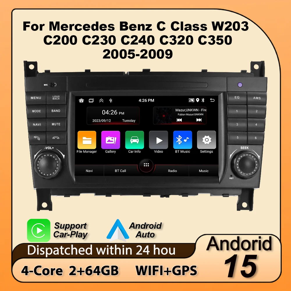 For Mercedes Benz C-Class W203 CLC W203 2004-2007 Android 15 64G 2 Din Car Radio Wireless Carplay GPS Central Multimedia Player