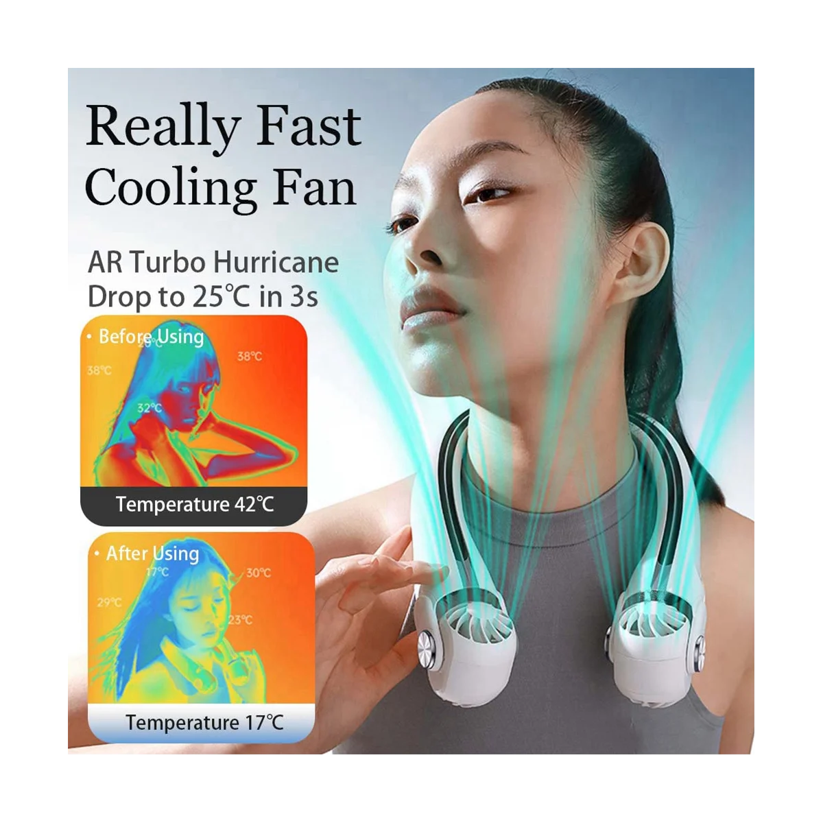 Ventilador de pescoço portátil de 3 velocidades, ventilador de resfriamento com faixa de pescoço mãos-livres, mini ventiladores turbo recarregáveis USB