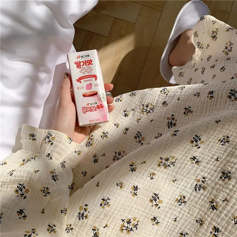 Floral Sleepwear Women Korean Nightgown Button Nightwear One Piece Pajamas Ruffles Autumn Sleepingpeter Pan Collar Night Dress