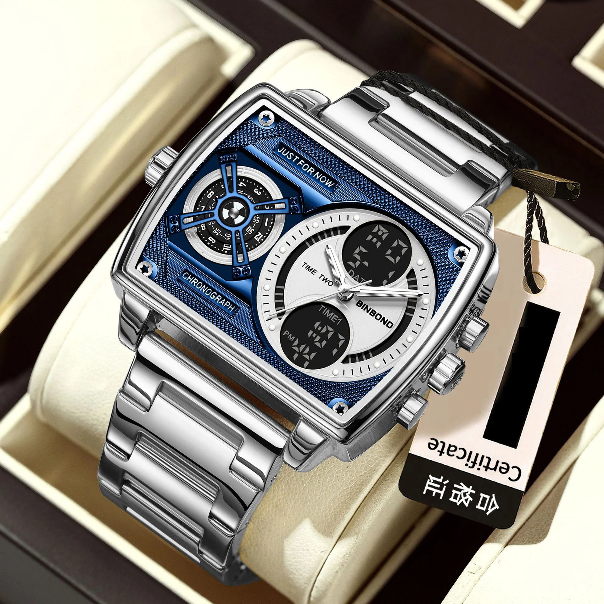 Multifunction Quartz Watch for Men with Steel Band Waterproof Luminous Rectangular Folding Clasp New Style