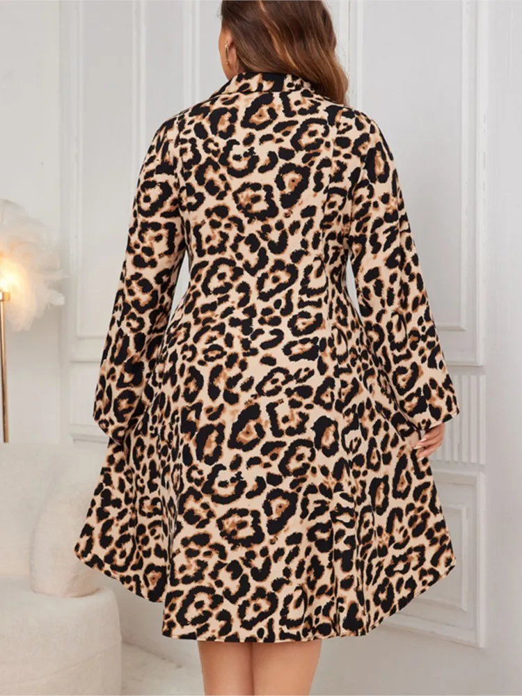 Plus Size Autumn Leopard Print Mini Dress Women Loose Ruffle Pleated Ladies Dresses Modis Long Sleeve Casual Woman A-Line Dress