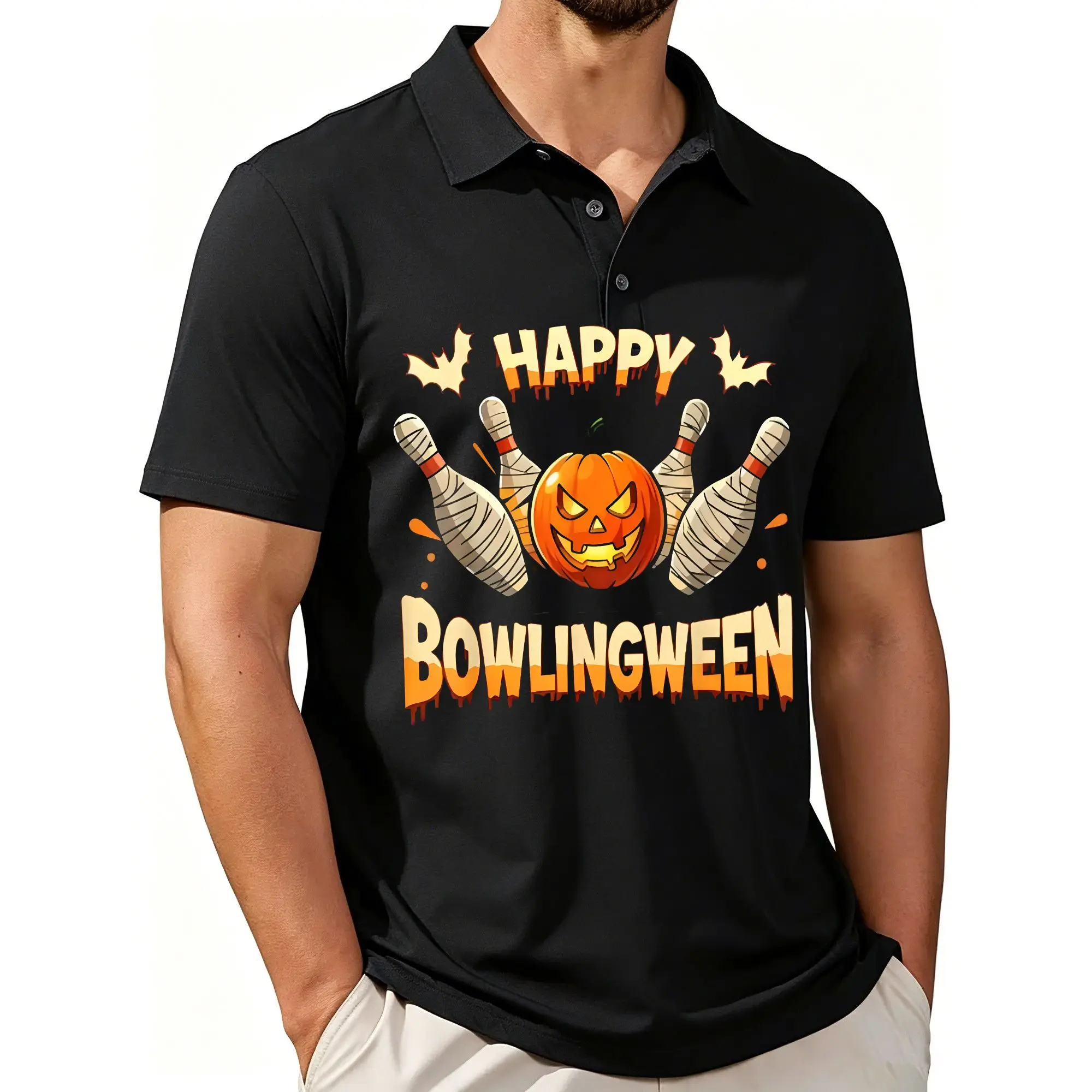 Men's Halloween Pumpkin Print Polo Shirt