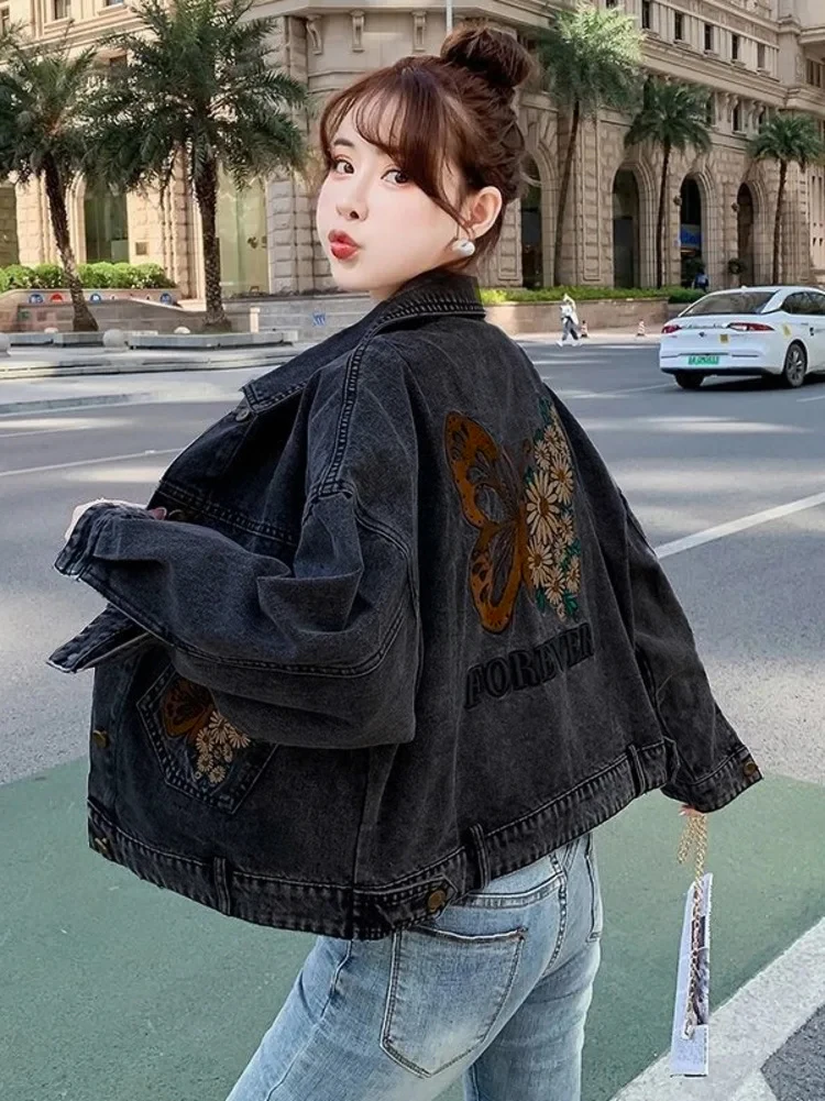 Butterfly Flower Embroidered Letter Denim Jacket Woman Spring Autumn Coat Cotton Outerwear Button Female Girl Casual Jeans