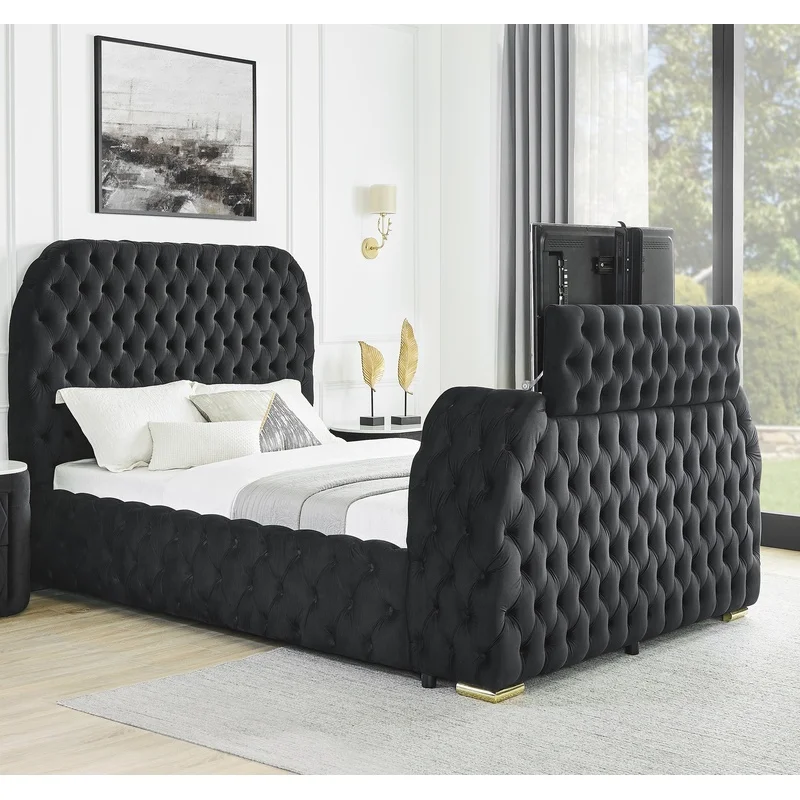 

Luxury Queen Bed with Tufted Velvet Headboard, Built-in Electric Fireplace & TV Lift – Modern Bedroom Furniture
