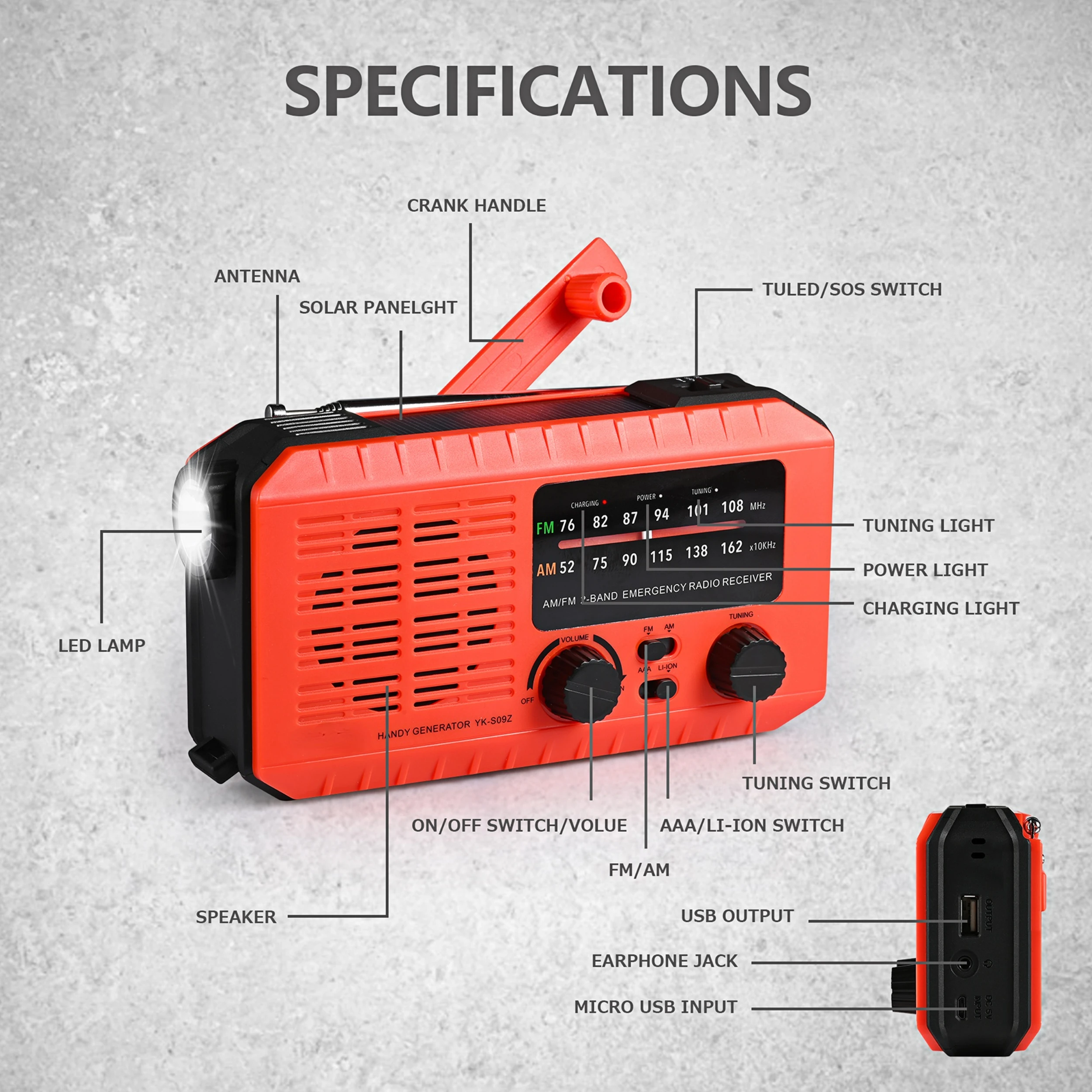 Emergency Hand Crank  AM FM Radio, With 2200mAh replaceable 18650 battery, Solar Radio with LED Flashlight, SOS Alert