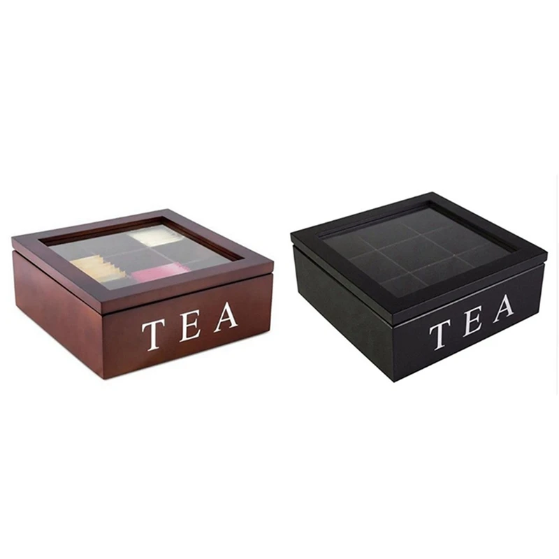 ABHU 2Pcs Wooden 9 Grids Tea Box Tea Bags Container Storage Box Transparent Top Lid Storage Box - Red Wine Color & Black