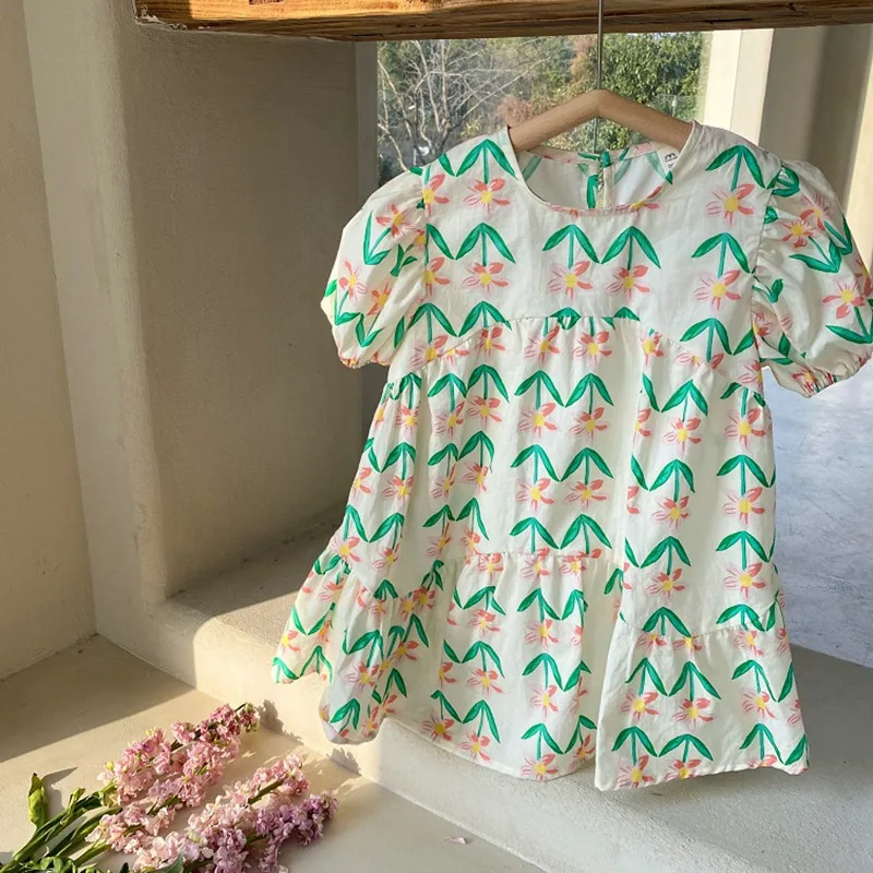

Toddler Baby Girl Dress Crewneck Bubble Sleeve Flower Leaf Print Dress Children Fashion Cute Princess Bubble Sleeve Costume