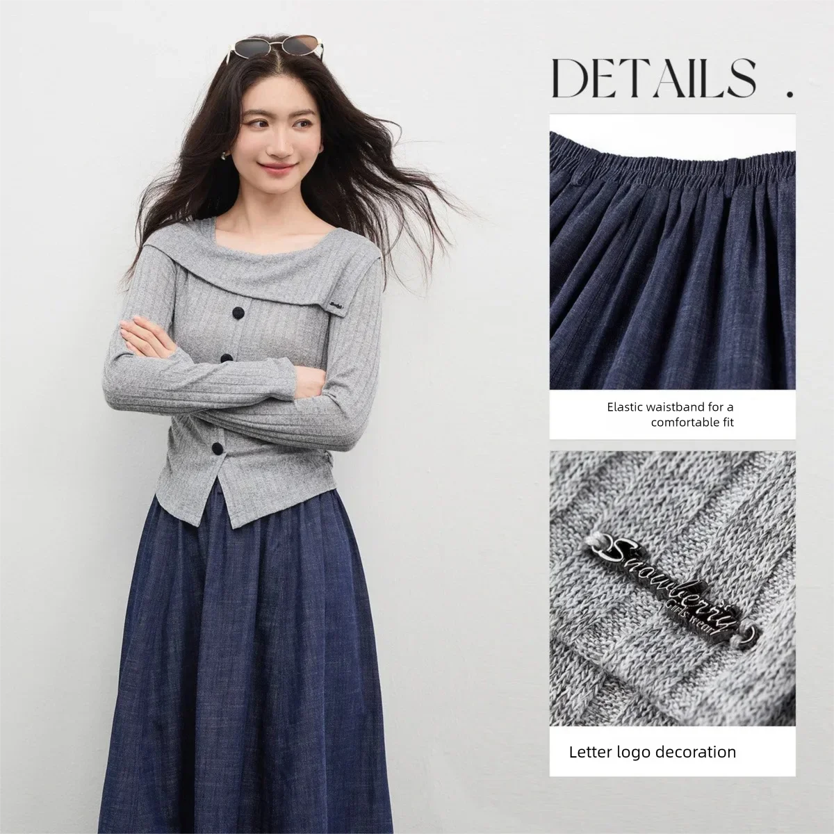 SENTUBILA Women 2 Piece Matching Set 2026 Autumn Elegant Long Sleeve Knitted Top Cotton Denim Skirt Woman Outfit W63ZC9095X