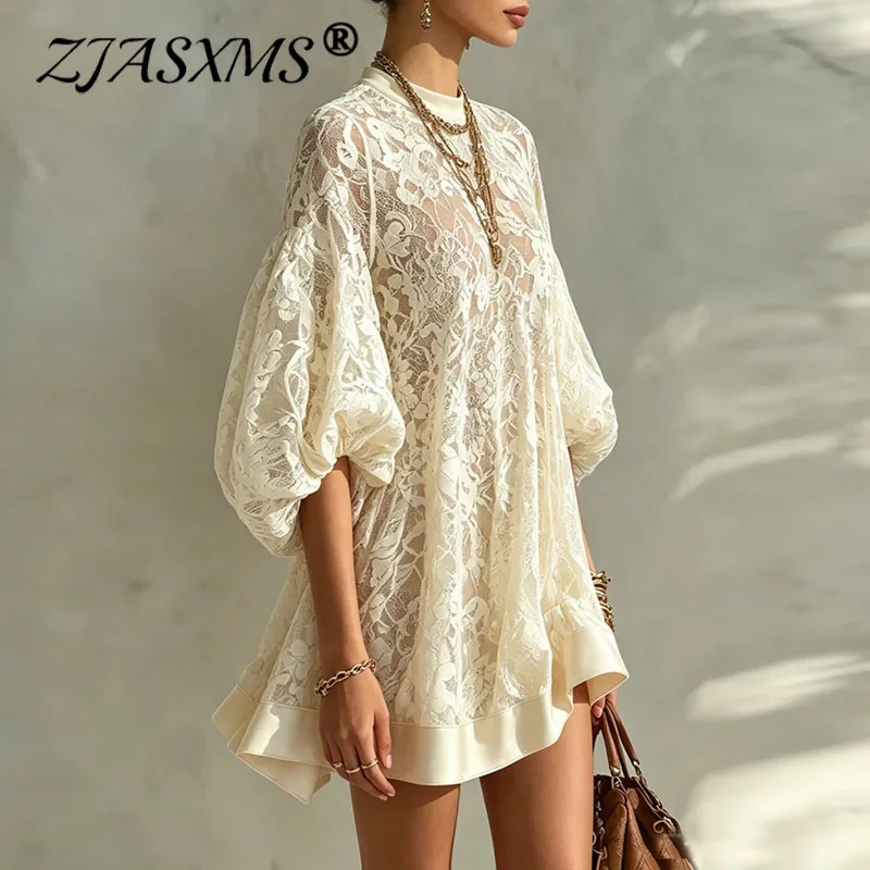Boho Blumen-Spitzenkleid für Damen, Locker Geschnittenes Minikleid mit O-Ausschnitt, Puffärmeln, Einfarbigem Besatz und Rüschensaum, Transparentes Kleid, Sexy Strand- und Urlaubskleid