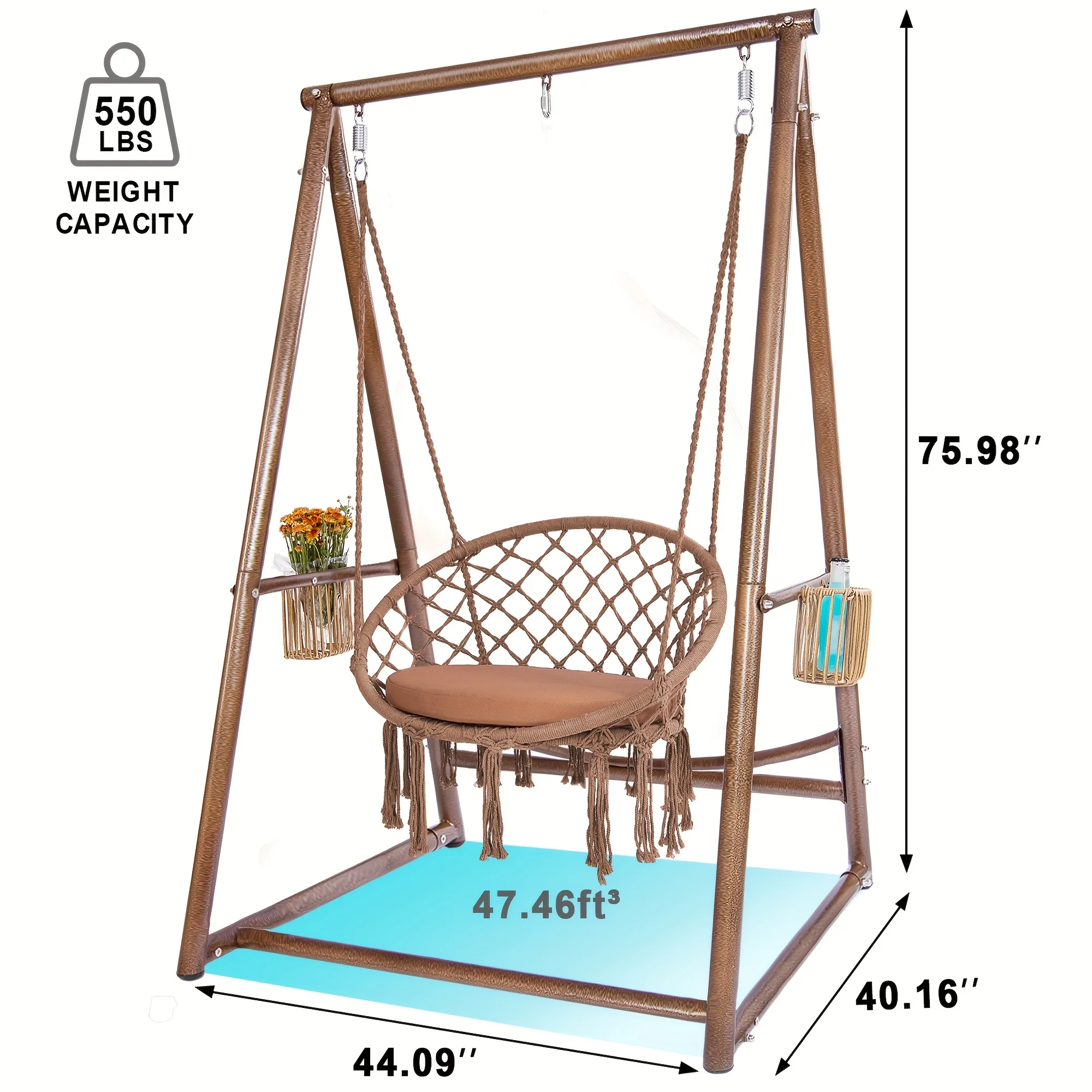 

Macrame Hammock Swing Chair with Cushion And Reinforced Solid Structure Hanging Stand - Included 2 Storage Baskets And 3 Hooks