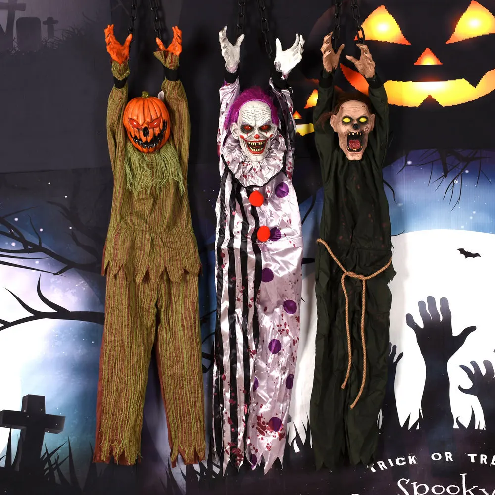 Animated Hanging Halloween Clown with Chain and Glowing Eyes description 3