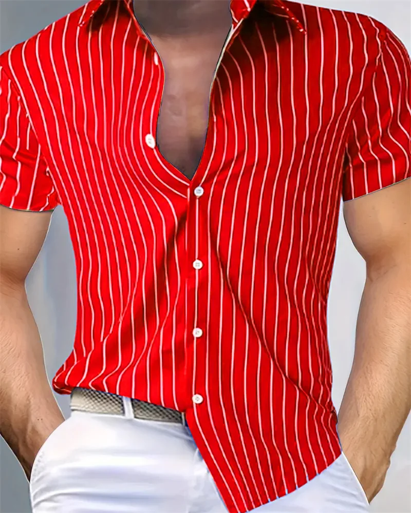 Men Fashion Slim Striped Shirt Casual Breathable Lapel Button Short Sleeve Shirt Comfortable Soft Fabric Camisas De Hombre Shirt