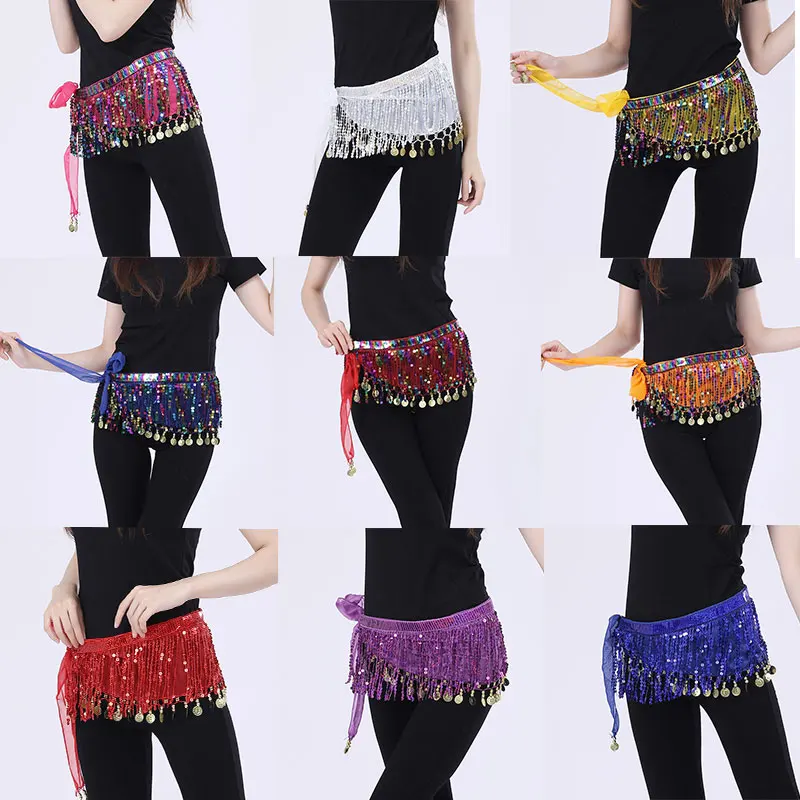 Women Glitter Sequins Belly Dance Hip Scarf Tassel Waist Chain Wrap Belt Stage Costume Rave Outfit Suit Party Mini Indain Skirt