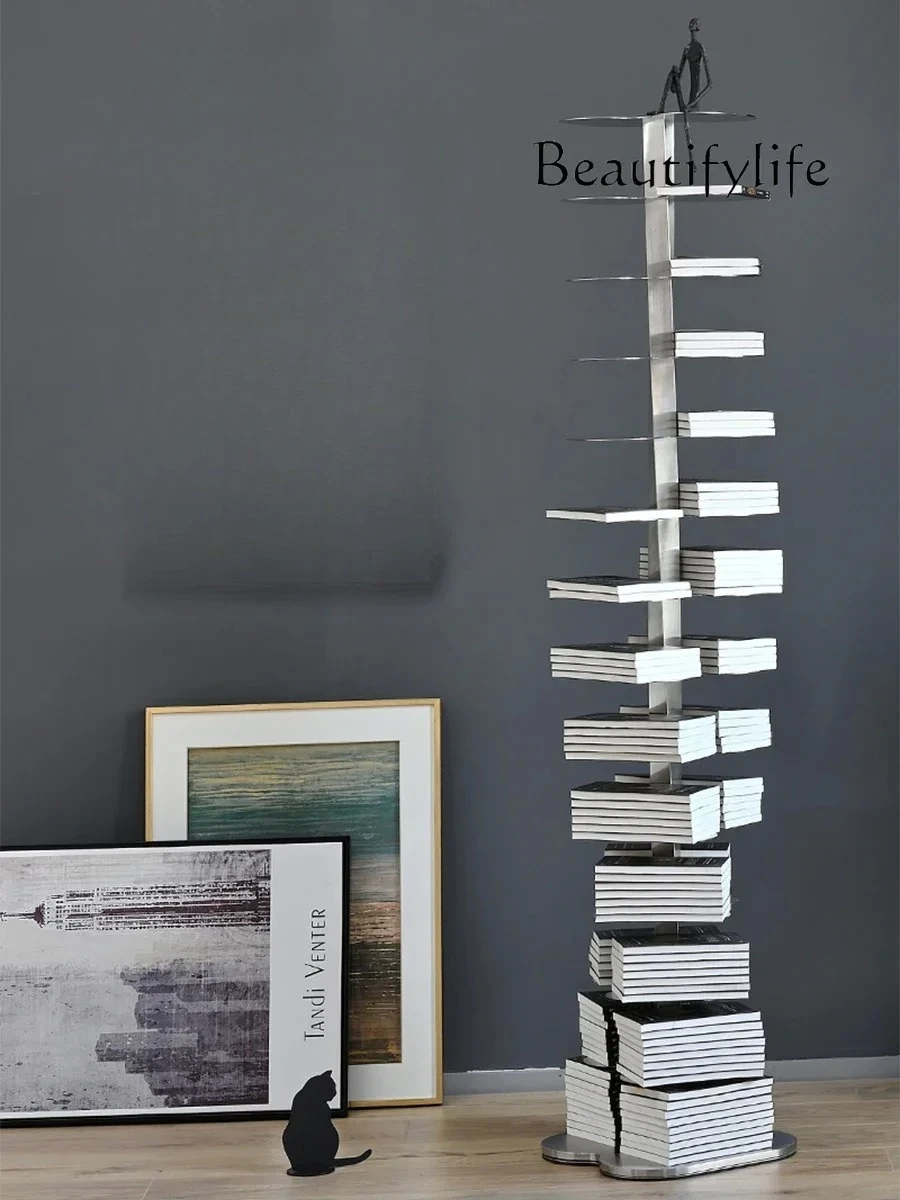 

Italian light luxury stainless steel rotating bookshelf floor shelf living room spiral creative art bookcase