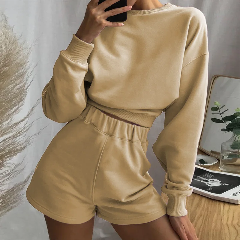 Solid Women Tracksuits Two Pieces Suits Autumn Winter Loose Streetwear Sweatshirt + Sporting Shorts Suits 2 Piece Outfit Sets