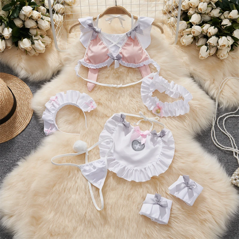 Cosplay Maid Y2K Patchwork Sexy Lingerie Bow Cute Pink Sweet Hot Lace-up Neck-mounted Crop Top Women Short Sets Hollow Skirt New