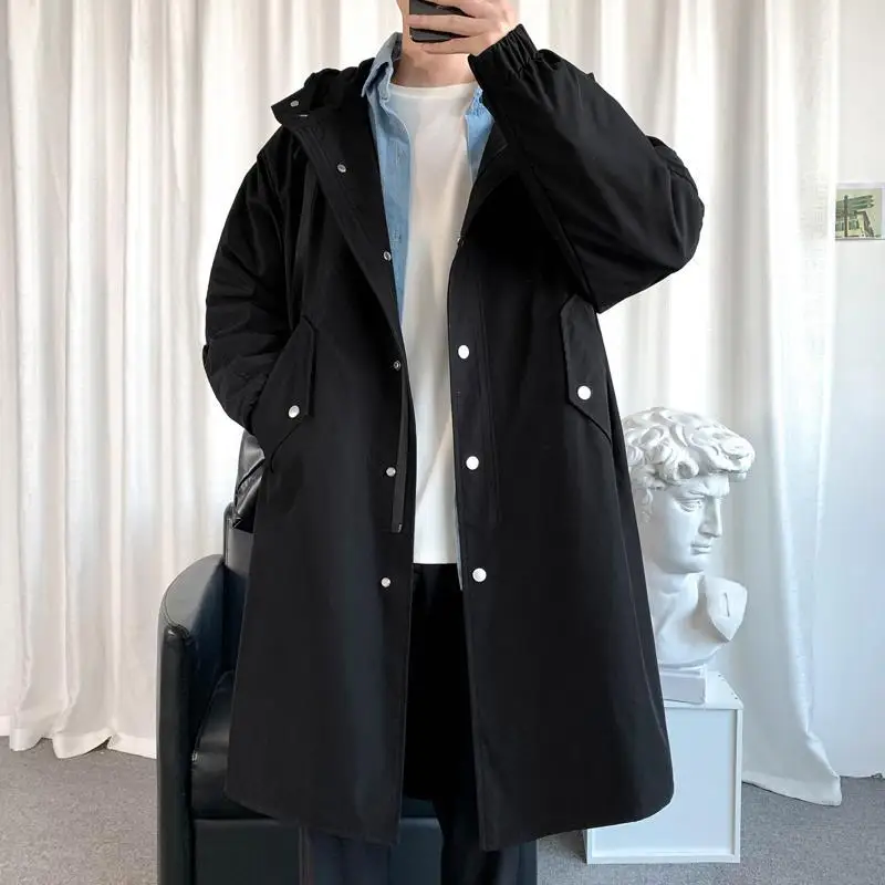 2023 Men's Windbreaker Jacket Long Trench Oversize Loose Streetwear Hooded Vintage Black Coats High Street Casual Male Outerwear