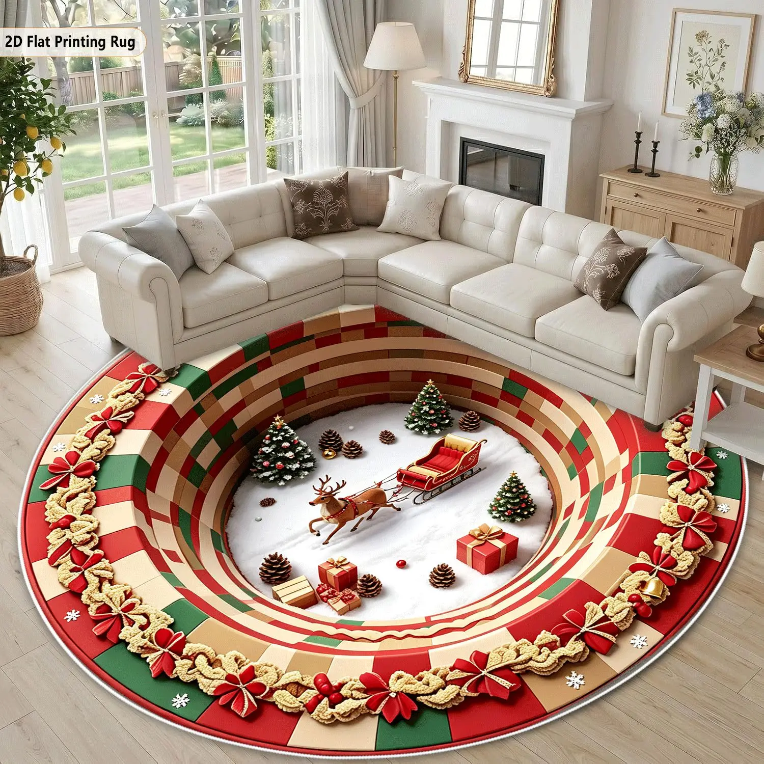 Vortex Xmas Round Area Rug Reindeer Sled Christmas Tree Print Carpet Bedroom Indoor Festival Floor Rug