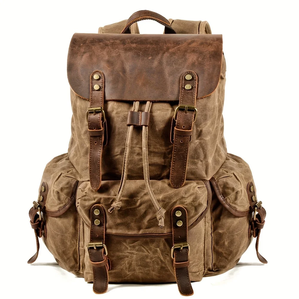 Vintage Men'S Leather Backpack, Waxed Canvas Shoulder Bag for Travel, Casual Laptop Bag, Suitable for Both And . view 6