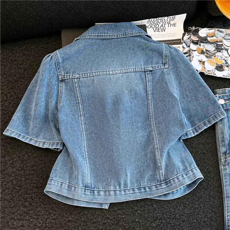Heavy Work Diamond Chain Tassels Short Denim Jacket Summer Women Lapel Single-Breasted Short Sleeve Slim Thin Jeans Jacket Coat