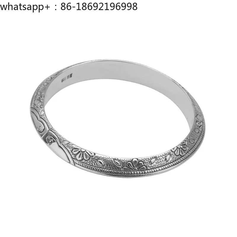 Triangular Ruyi Cherry Blossom Silver Bracelet 999 Sterling Silver Women's Handmade Engraved Rhombus