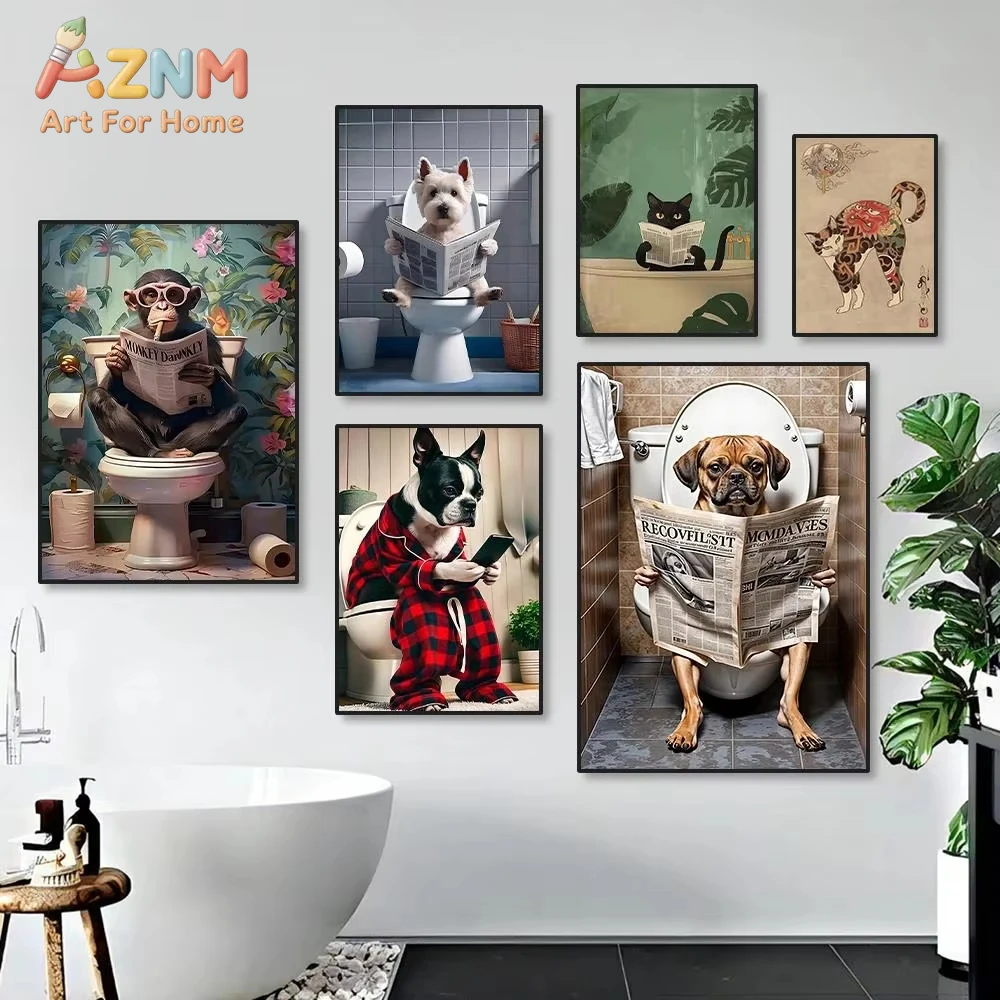 

1pc Newspaper on Toilet Poster Canvas Painting Monkey Dog Black Cat Bathroom Wall Art Home Decor Funny Animal Reading
