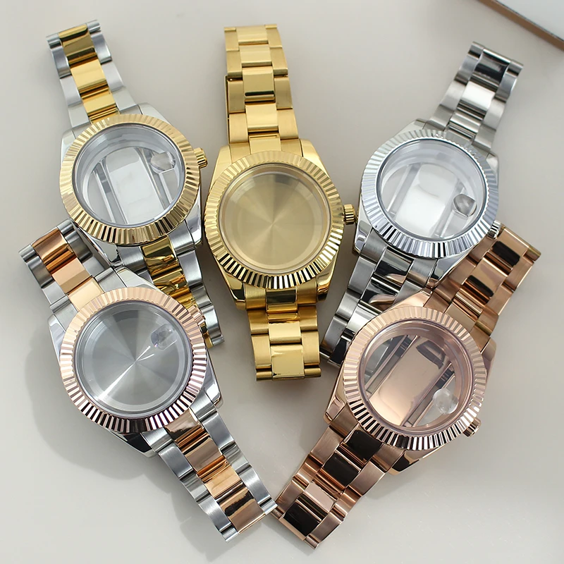 39mm 36mm Polished DJ Bezel Watch Case Sapphire For NH35 NH36 NH38 NH34 Miyota 8215 Movement Solid Steel Bracelet Sliding Buckle