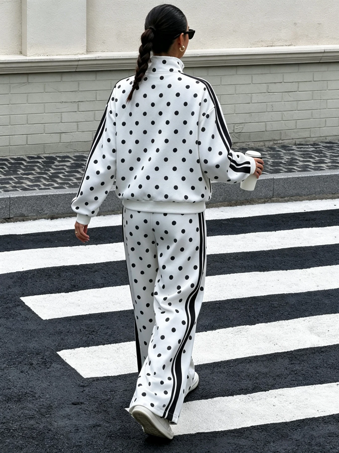 Women Polka Dot Zip Up Jacket & Wide Leg Pants 2 Piece Set, Autumn Winter Striped Side Casual Sport Tracksuit Loungewear Outfit