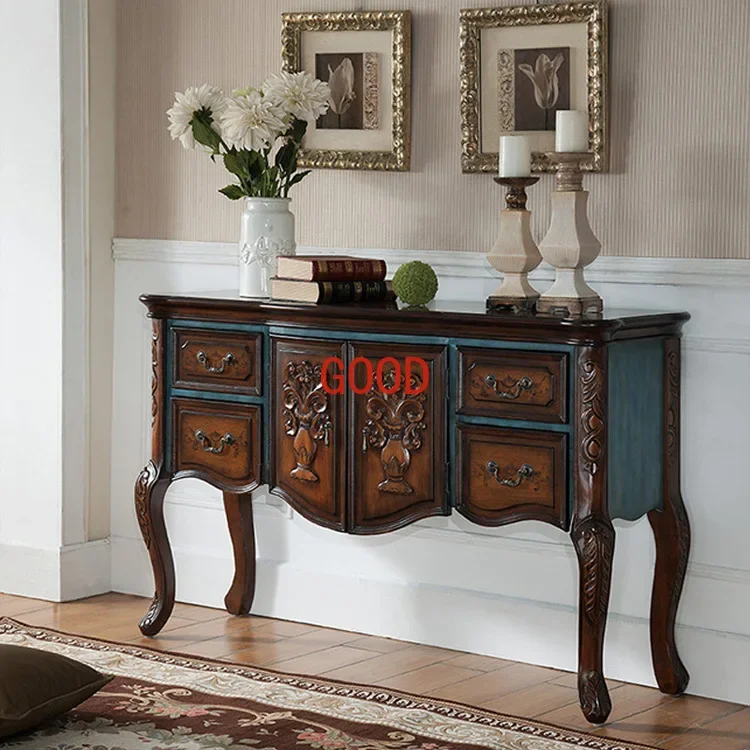 Solid Wood Console Tables Sideboard Cabinet Bottle Carved Walnut Color Hall Cabinet