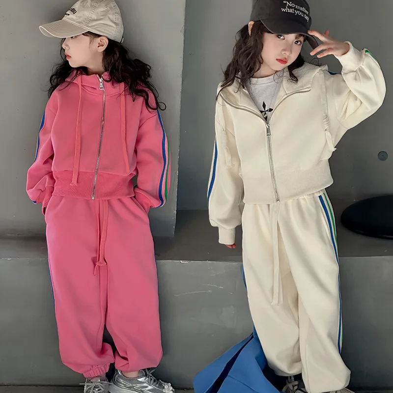 Girls Coat +Pants Kids Suits 2PCS/Set Cotton 2024 Stripe Spring Autumn Cotton Tracksuit Sport Suits Children Clothing