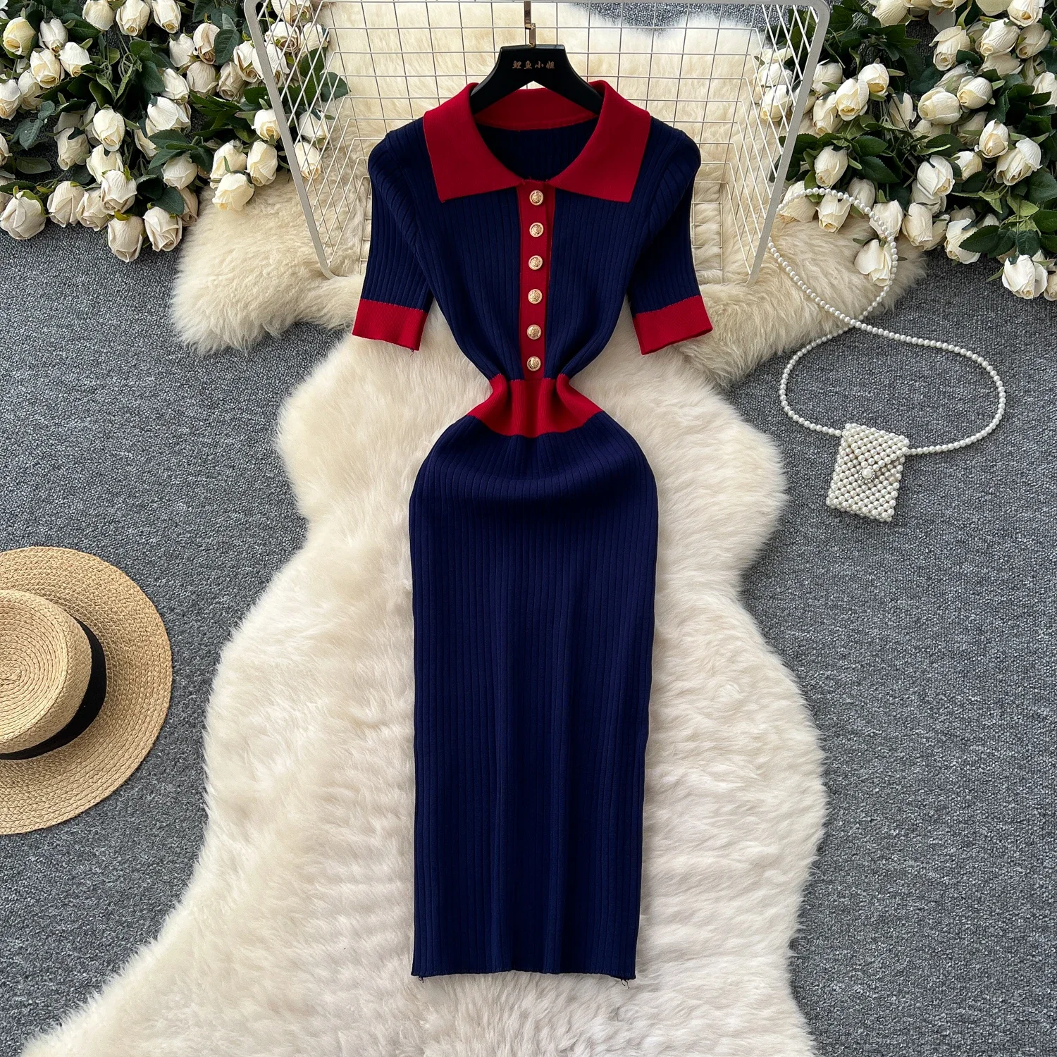 Patchwork Kontrast Stricken Kleid Lange Sexy Mode Elastische Party Elegante Vestidos Drehen Unten Kragen Chic Bodycon Sommer Frauen Kleid