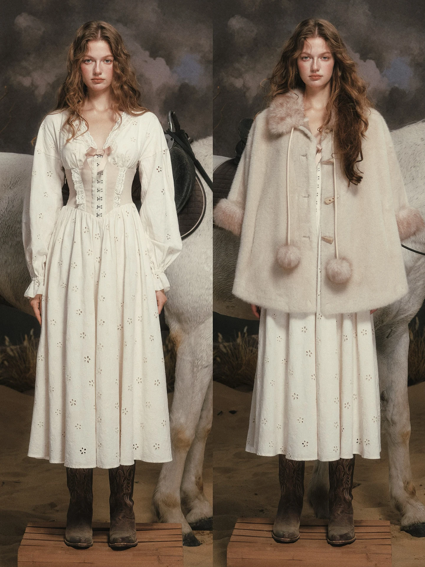 TIYIHAILEY Sukienka damska na wiosnę i jesień, długi rękaw, długa maxi, rozmiary XS-XL, vintage, wysoki stan, nowość 2025, dekolt w serek, imitacja 2-częściowej, haftowana