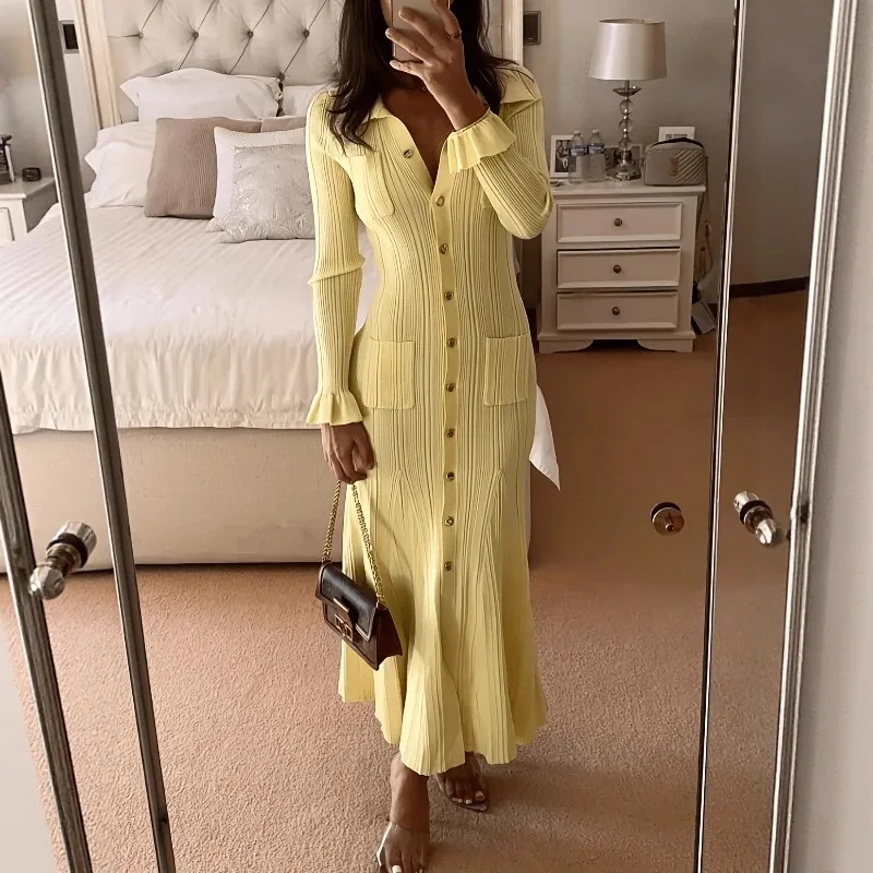 

Elegant Knit Single Breasted Long Dress Women Slim Lapel Flare Sleeve Pockets Female Dresses French Lady Solid Robes Y2k Vestido