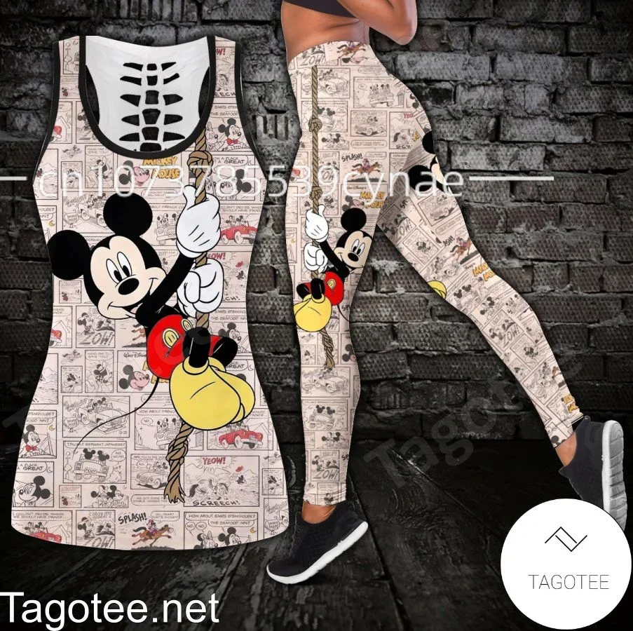 Disney Mickey Minnie Women's Hollow Vest + Women's Leggings Yoga Suit Fitness Leggings Sports Suit Tank Top Legging Set Outfit