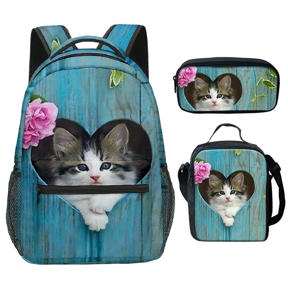 Cartoon Novelty Cool Cute Cat Pattern 3D Print 3pcs/Set Student School Bags Laptop Backpack Crossbody Lunch bag Pencil Case