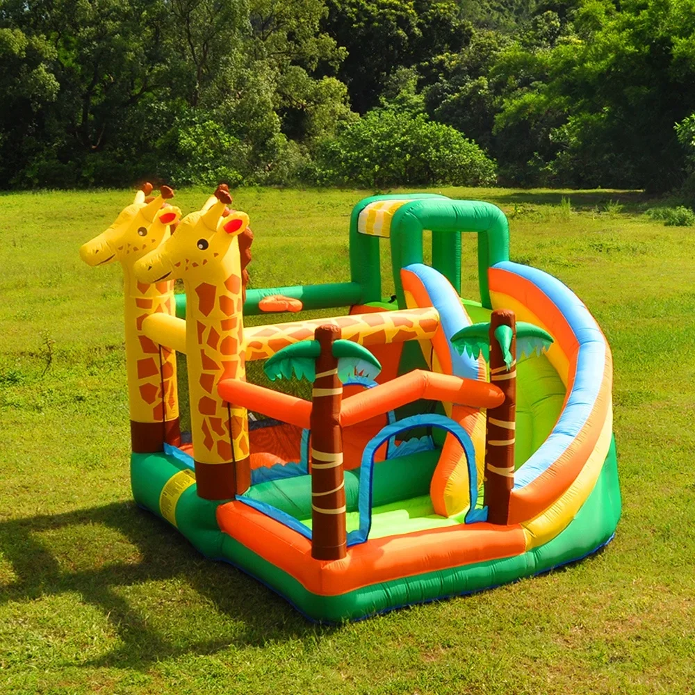 Hot selling giraffe slide jumping bed slide with ball pit outdoor and indoor inflatable game house climbing wall rebound castles