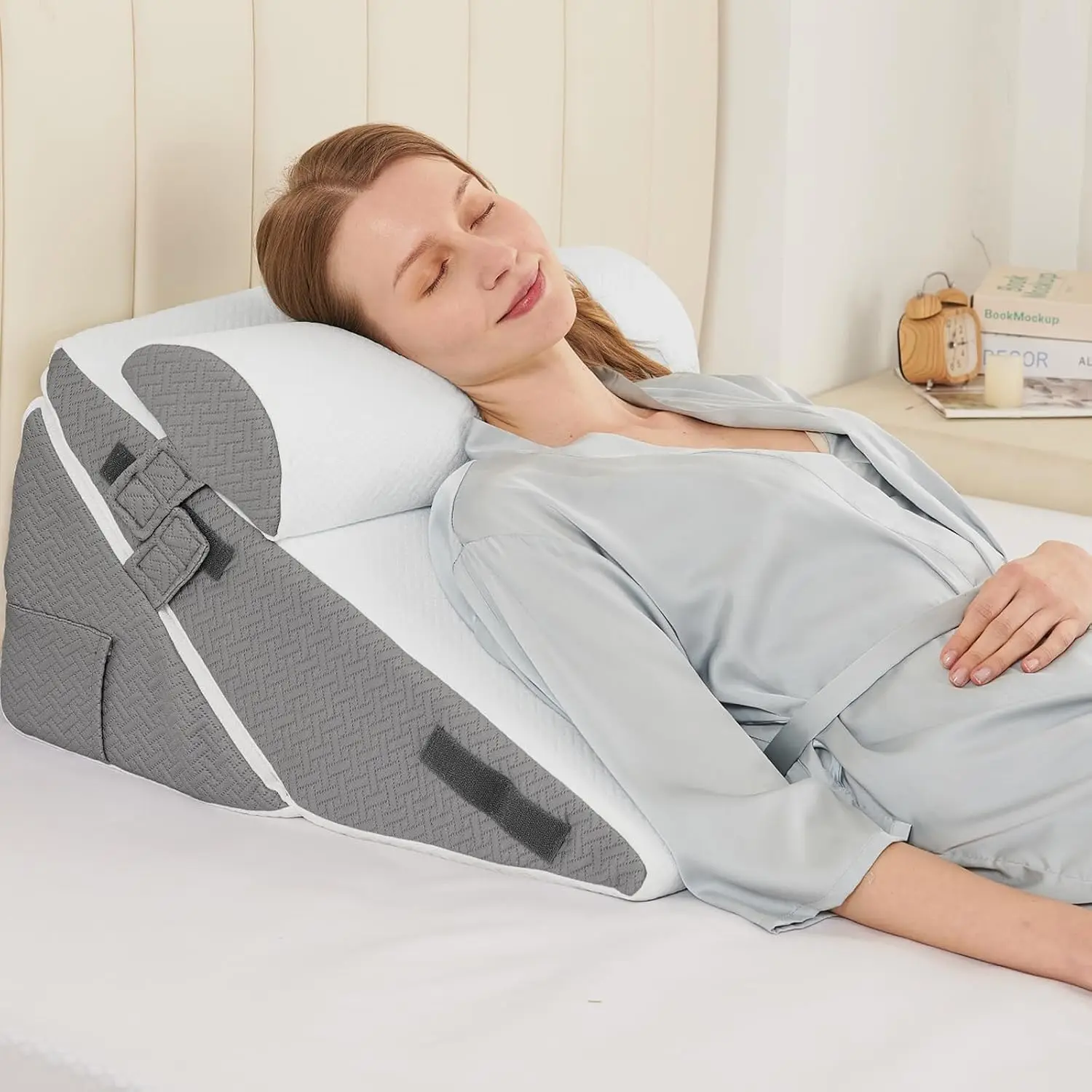 Adjustable Wedge Pillow Set for After Surgery, Dark Grey & White | Bed Wedge Pillow Headboard with Memory Foam Neck Cushion, for