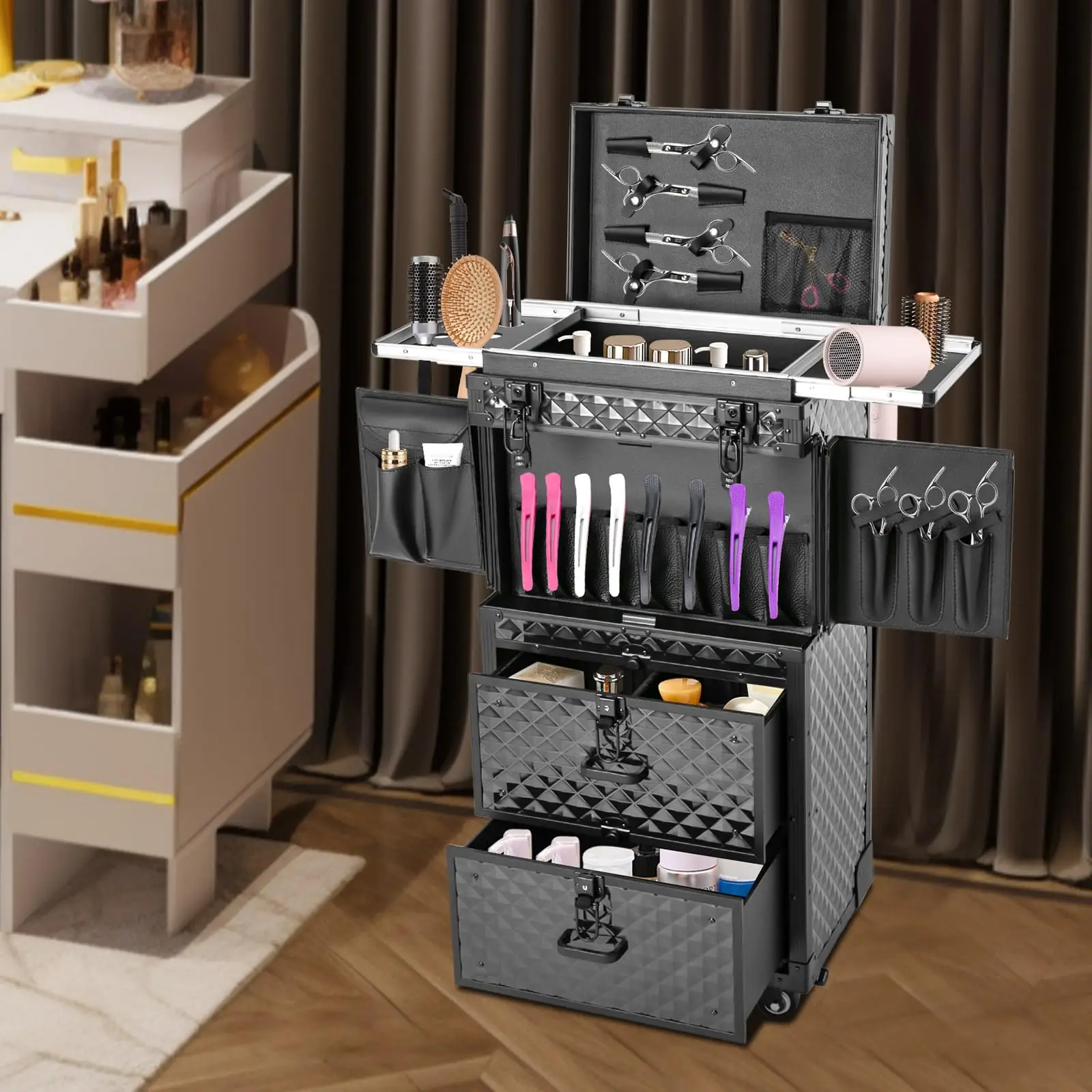 Aluminum 4-in-1 Professional Makeup Artist Rolling Train Case, Lockable Cosmetic Train Case, Large Trolley Storage Case, with Compa