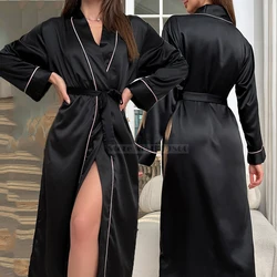 New Female Long Robe Nightgown Spring Summer Silk Satin Kimono Bathrobe Sleepwear Loose Silk Satin Home Dressing Gown Loungewear